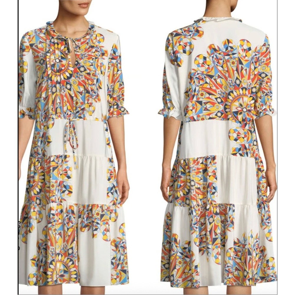 Tory Burch Silk Geometric Print Tiered Midi Dress XS Ivory Kaleidoscope Boho